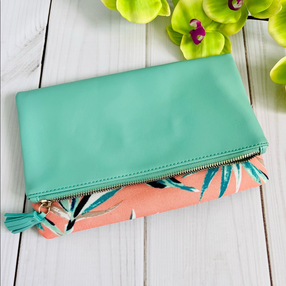 Teal Leather and Textile Wristlet